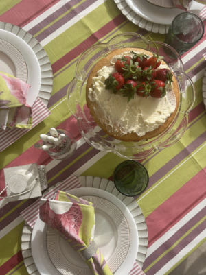 Bright pink and green stripe tablecloth
